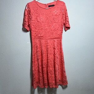 Coral Lace Short-Sleeve Skater Dress